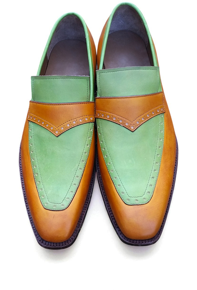 Crafted Leather Green Brown Leather Moccasin Loafers Dress Shoes