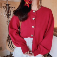 Fashionable heart-shaped button puffy long-sleeved knitted jacket - Thumbnail 4