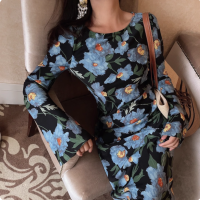 Vintage print chic flared long sleeve dress