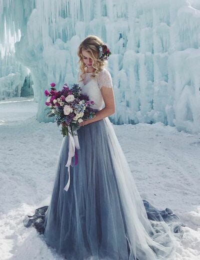 Grey A Line Tulle Wedding Dress, Beach Boho Lace Bridal Dress Bridal Gown