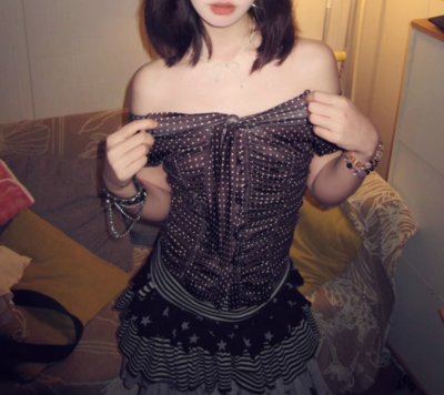 V-neck tie pleated slim shoulder T-shirt polka dot short-sleeved top