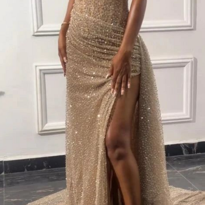 Gorgeous spaghetti straps sequin slit mermaid evening dress  - Thumbnail 1
