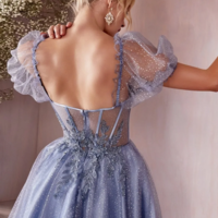 Elegant French Puff Sleeve Cocktail Evening Dress - Thumbnail 1
