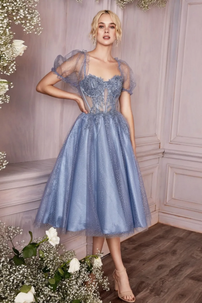 Elegant French Puff Sleeve Cocktail Evening Dress
