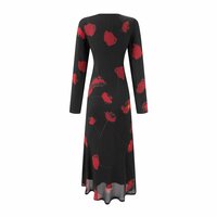 Retro black floral high-end bias-cut long-sleeved V-neck waist dress - Thumbnail 1