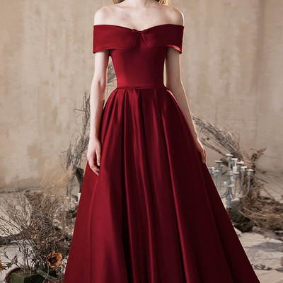 Burgundy satin long a-line prom party dress