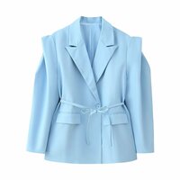 Fashionable design waist tie wide shoulder suit jacket - Thumbnail 5