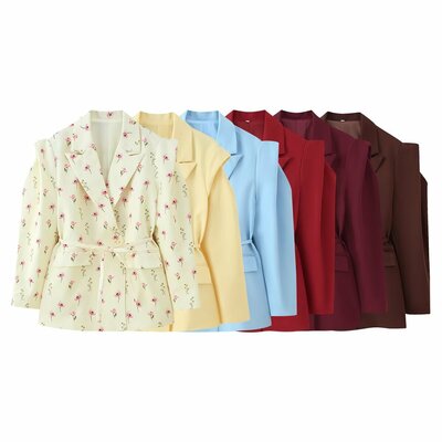 Fashionable design waist tie wide shoulder suit jacket