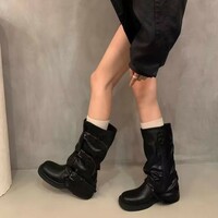 Retro thick-heeled mid-high boots western cowboy knight boots - Thumbnail 2