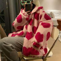 Cute Oversized Harajuku Heart-Shaped Print Plush Jacket Women - Thumbnail 2