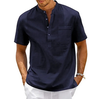 Men’s Cotton Linen Henley Shirt – Casual Short Sleeve Beach Top with Pocket - Thumbnail 5