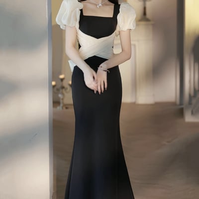 Mermaid long prom dress, black short sleeve evening party dress