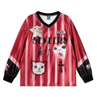 Retro cat striped contrasting print jersey sports long-sleeved T-shirt