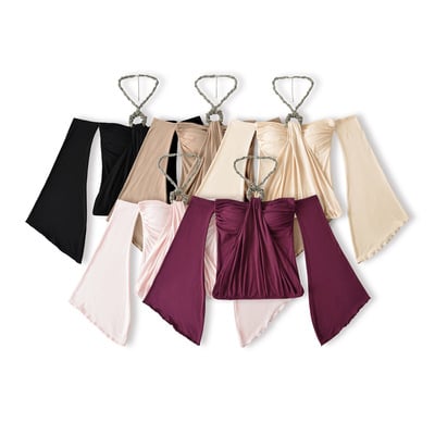 Sexy halter neck bra pad with heavy rhinestones short tube top