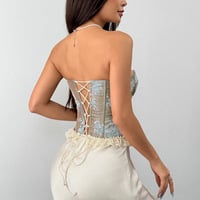 Jacquard contrast color sheer lace bra fishbone waist slimming top - Thumbnail 1