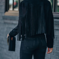 Trendy Casual Women’s Fringed Black Bomber Jacket - Thumbnail 2