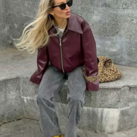 Wine Red Faux Leather Jacket - Thumbnail 3