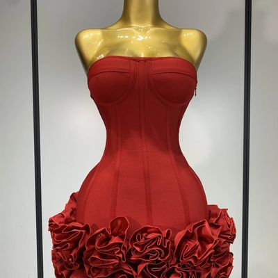 V-neck backless cross pleated evening gown – three-dimensional flower design