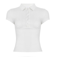 Lapel design button-up patchwork chest-shaped navel-baring T-shirt - Thumbnail 6