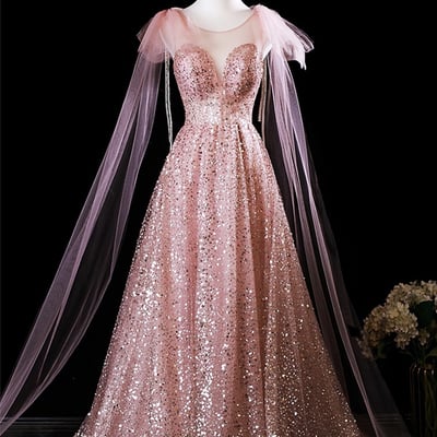 Pink tulle sequins long prom dress, pink a-line party dress - Thumbnail 1