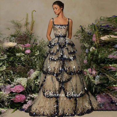 Luxury Dubai Ball Gown Evening Dress Sparkly Sequin Tiered Ruffles 