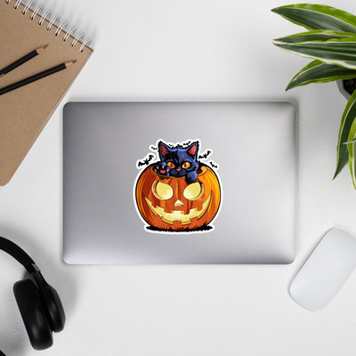 Spooky cute black cat in pumpkin sticker
