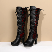 Lace up Rivets Belt Buckle High Heel Mid-Calf Boots for Women - Thumbnail 4