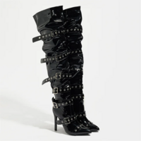 Punk Style Buckle Strap Over-the-Knee Black Boots for Women - Thumbnail 3