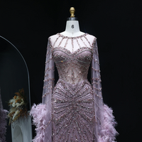  Beaded Mermaid Evening Dress with Feather Cape Sleeves  - Thumbnail 4