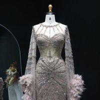  Beaded Mermaid Evening Dress with Feather Cape Sleeves  - Thumbnail 6