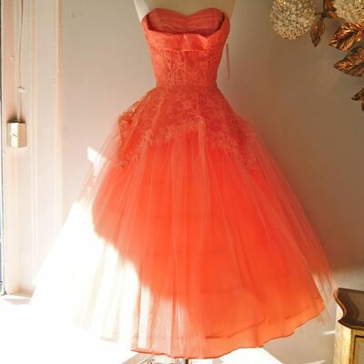 1950s vintage coral tulle prom dress evening formal gown brithday party dress - Thumbnail 1