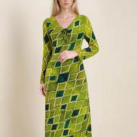 Diamond checkered lace-up V-neck long-sleeved bias-cut waist slim dress - Thumbnail 1