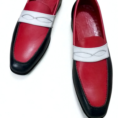 Crafted leather classic men tri tone leather black white and red leather moccasin loafers dress shoes