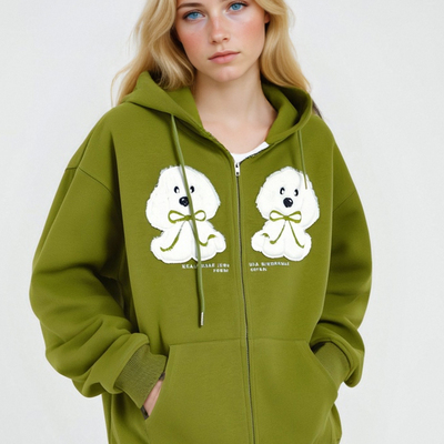 Cute plush puppy embroidered hooded sweatshirt