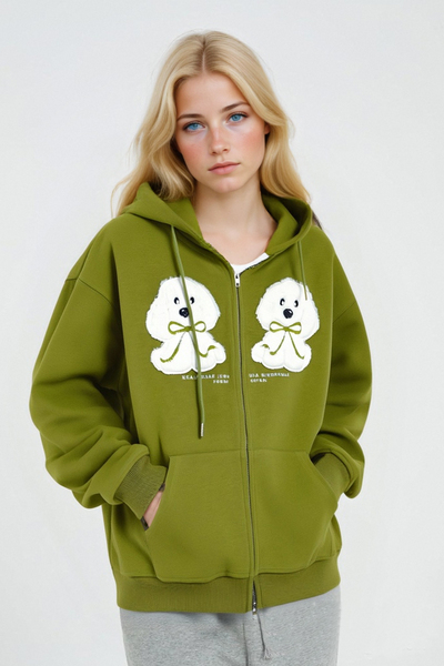 Cute plush puppy embroidered hooded sweatshirt
