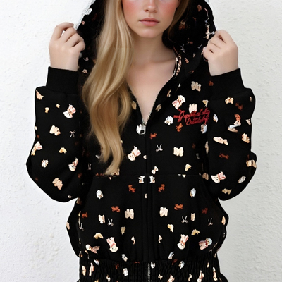 Sweet all-over printed puppy hooded sweatshirt cardigan jacket