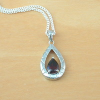 BOXED GIFT/Sterling Silver Garnet Teardrop Pendant & Chain/Garnet Necklace/Garnet Jewellery/Garnet Jewelry/UK - Thumbnail 1