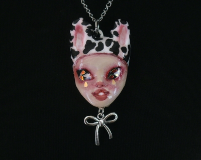 Handmade cow doll face necklace (unique)