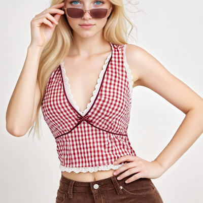 Heavy plaid lace halter top