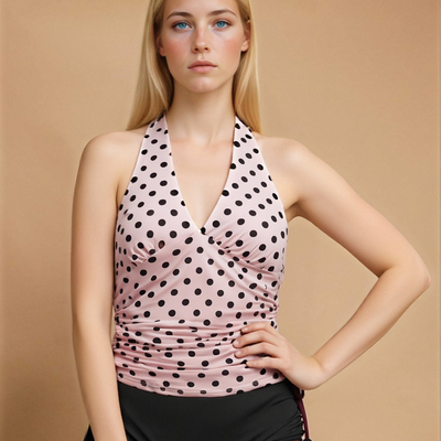 Pink polka dot halter neck vest and light pink skirt