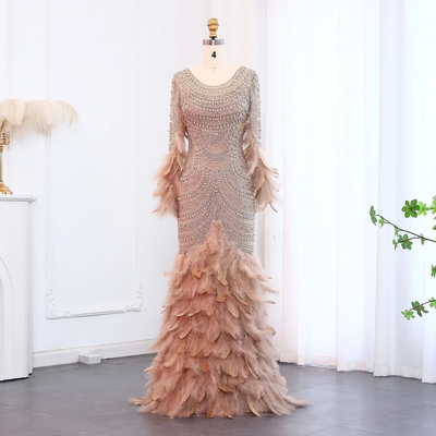 Luxury dubai feather nude mermaid evening dress