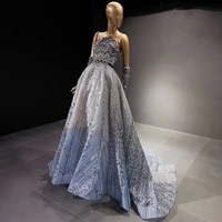 Luxury Beaded Glitter Blue Evening Dress High Custom Crystal Wedding Party Dress - Thumbnail 2