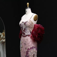 Luxury Pink Floral Beaded Evening Dress with Burgundy Shawl  - Thumbnail 4