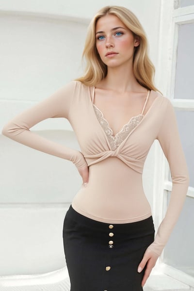 Sweet lace stitching fake two-piece long-sleeved T-shirt