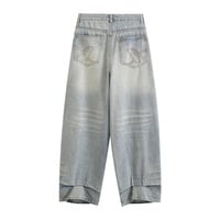Retro back hem stacked loose wide-leg lazy style casual jeans - Thumbnail 1