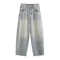 Retro back hem stacked loose wide-leg lazy style casual jeans - Thumbnail 2
