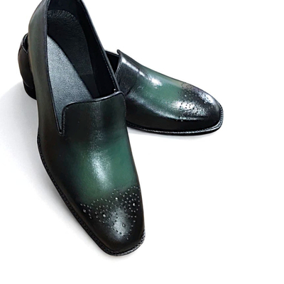 Crafted leather classic men green leather moccasin formal loafers dress shoes