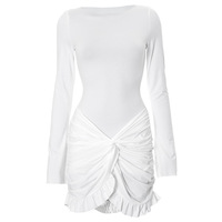 Solid color casual round neck long sleeve hip-wrapped slim short dress - Thumbnail 2