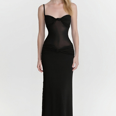 Twisted mesh fitted dress with detachable straps