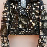 Crafted Leather New Women's Punk Rock Full Black Long Spiked Studded Brando Rusty Leather Jacket  - Thumbnail 1